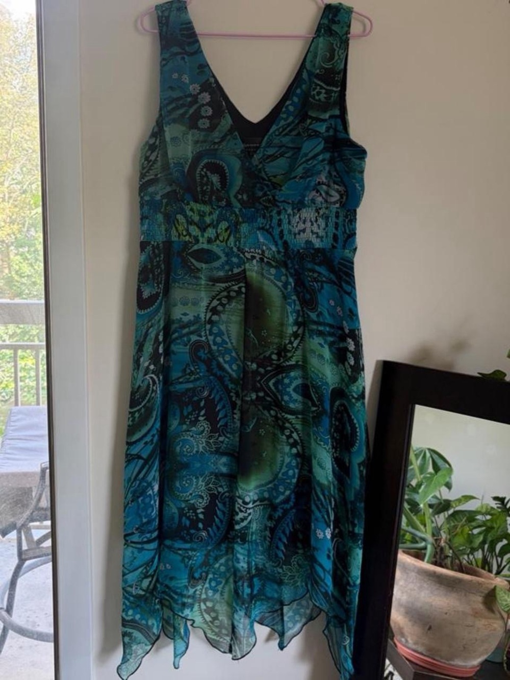 connected apparel Teal and Green Paisley Asymmetrical V-Neck Dress